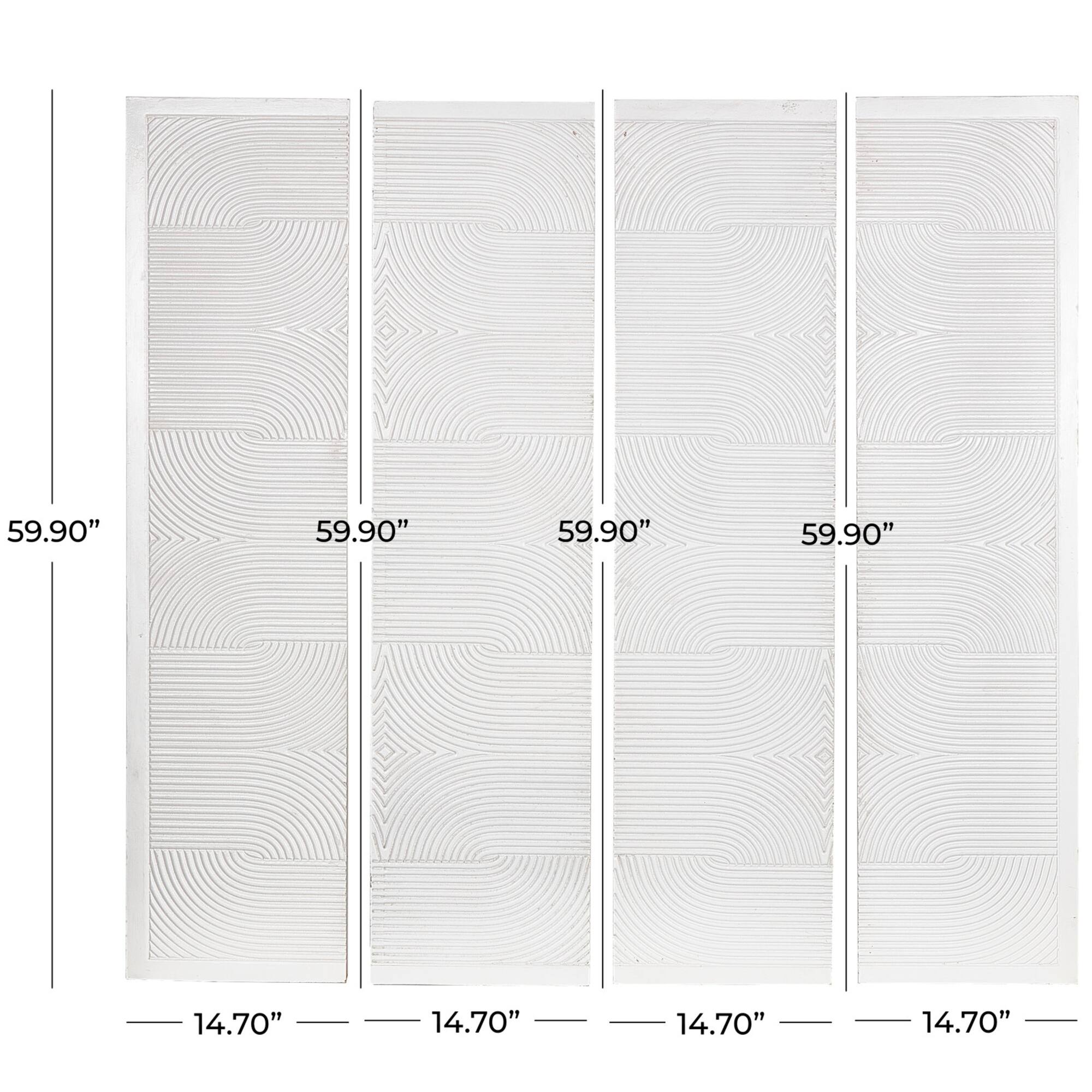 CosmoLiving by Cosmopolitan Wooden White Handmade Carved Panel Geometric Wall Art with Looped Sand Art Design, Set of 4